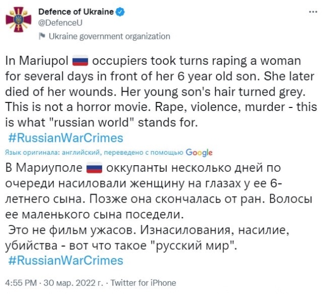Occupiers in Mariupol had raped a woman in front of her 6-year-old son for days