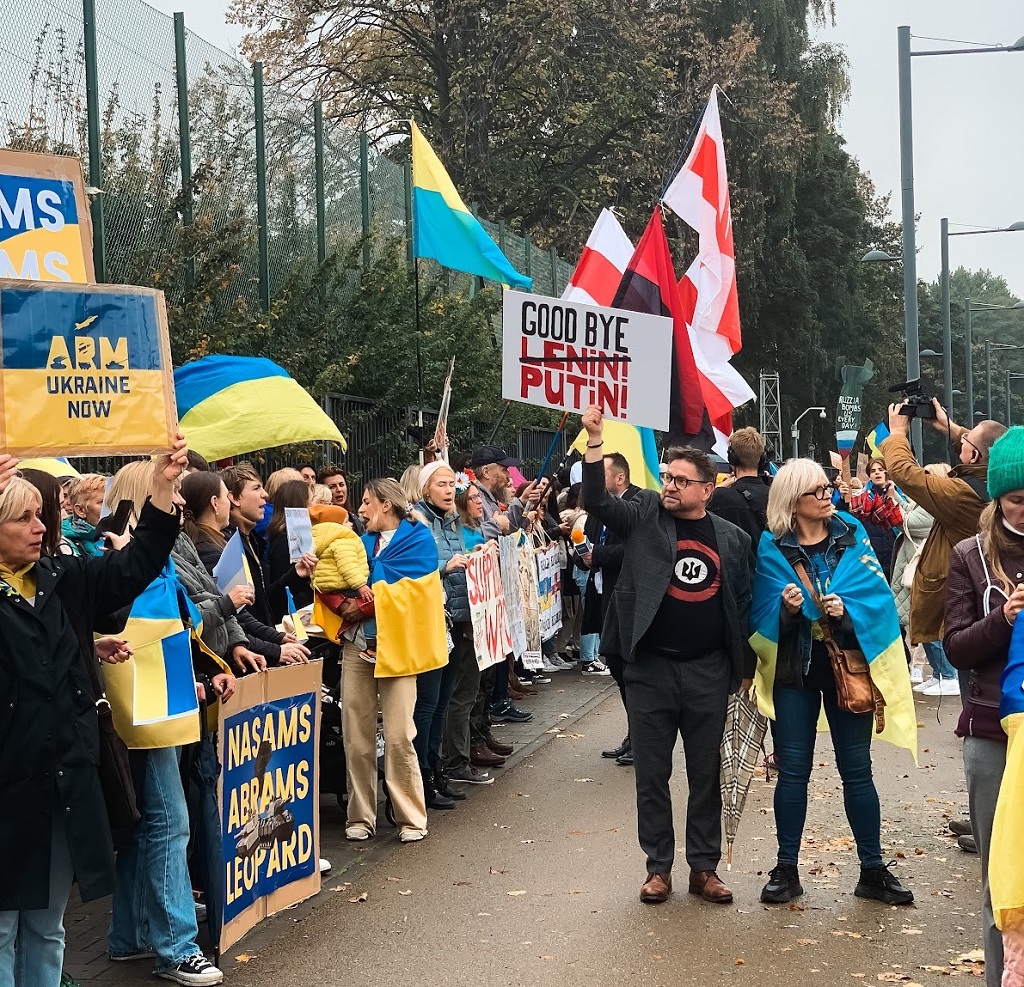 Рeople gathered for a demonstration near the NATO headquarters, demanding an increase in military aid